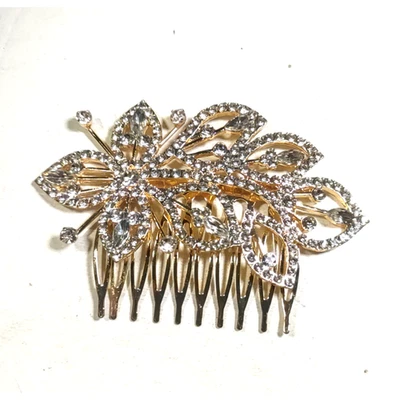 Hair Comb Barrette Gold Tone Clear Rhinestone Floral Elegant Design Prom Party - Image 1 of 3