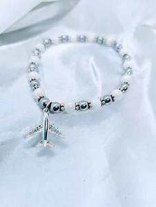 Hämatit Armband mit Strass Flugzeug Charm 8,5"  - Bild 1 von 3