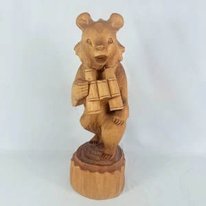 Statua scultura orso in legno intagliato a mano con binocolo Mosca Russia caccia 12" - Foto 1 di 9