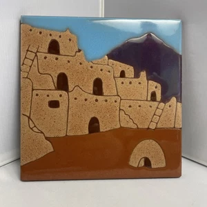 Art Tile 6" Southwest Pueblo Trivet Made In USA Blue Purple Brown Tan - Picture 1 of 9