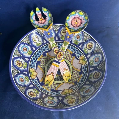 Pottery Barn Del Sol Melamine Floral Salad Bowl With Spoon And Fork Serving Set - Image 1 of 4