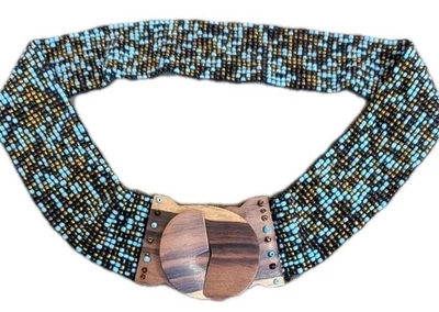 Cinturón De Colección Vidrio Semilla Cuentas Cuentas Turquesa Azul Marrón Madera Mujer M Boho  Foto 1 de 4