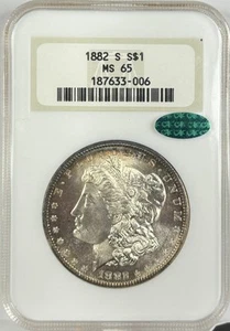 1882-S Morgan Dollar $1 NGC MS65 CAC — Gemma appariscente in un vecchio supporto grasso - Foto 1 di 2