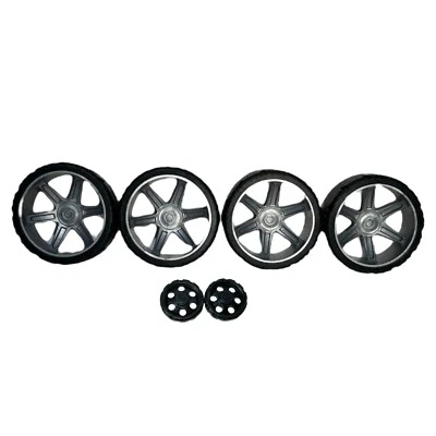 Lot 6 Knex racing tires wheels 4 large 50mm gray hub w/rubber 2 small whee K'nex - Image 1 of 4