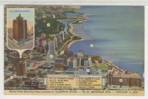 IL Postcard Aerial View Of Chicago & Allerton Hotel vintage Curt Teich linen RR - Picture 1 of 2