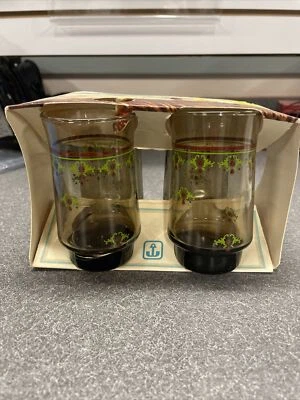 Juego de 3 vasos de jugo vintage Anchor Hocking IOB con flores rojas y verdes Libbey Foto 1 de 4