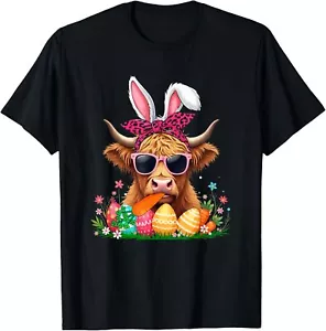 Bunny Highland Cow Bow Tie Eating Carrot Easter Eggs Owner T-Shirt - Picture 1 of 5