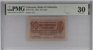 LITHUANIA 10 Centu (1922-11-16) P10a banknote Litas Litai PMG 30 - Picture 1 of 2