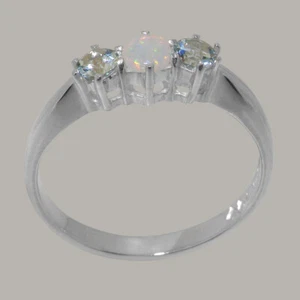Solid 10ct White Gold Natural Opal & Aquamarine Womens Trilogy Ring - Picture 1 of 5