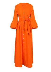 Dress Puff Sleeve V Neck Button Down Orange Flared Ankle Balloon High Slit Bride - Picture 1 of 7