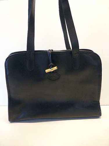 Borsa a mano Longchamp Roseau nera doppio manico in pelle tote borsetta oro toggle