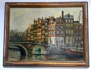 Barco "LLAZET Moort 47" Vintage c1947 Original Aceite Edificios Antiguo Ámsterdam - Imagen 1 de 12