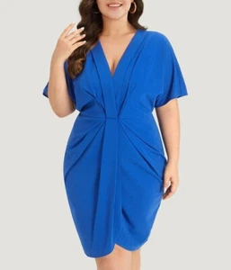 Bloomchic 14 16 1X Shawl Neck Pleated Batwing Sleeve BLUE Sheath Dress - Picture 1 of 5