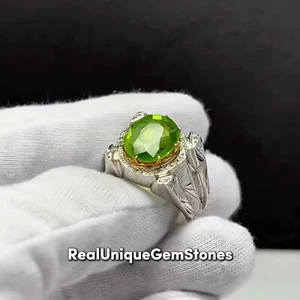 Original Pakistani Green Peridot Mens Ring 925 Sterling Silver Peridot Men Ring - Picture 1 of 10
