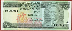 CENTRAL BANK OF BARBADOS ND(1975) $5 SIGNATURE C. BLACKMAN (PICK#32a) CH AU - Picture 1 of 2