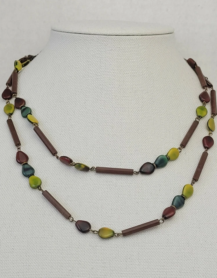 Vintage Brown Lucite Tube Glass Multi-Color Seed Shaped Beaded Necklace 38" - Image 1 of 4