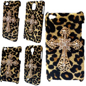 For Various Phones 3D Bling Luxury Leopard Gold Diamond Cross Back Hard Cover