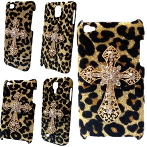 For Various Phones 3D Bling Luxury Leopard Gold Diamond Cross Back Hard Cover - Picture 1 of 7