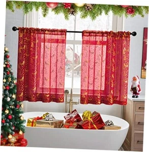 Christmas Kitchen Curtains 36 Inch Length Sets of 2,Christmas 25x36 Red - Picture 1 of 7