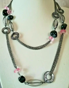 Ankerkette geschwärzt mit Glas Perlmutt Obsidian Perlen, 120cm lang o. 2-reihig - Picture 1 of 4
