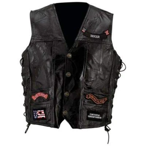Chaleco de motociclismo de cuero para hombre negro/laterales de encaje/parches/parche de águila grande mediano - Imagen 1 de 2