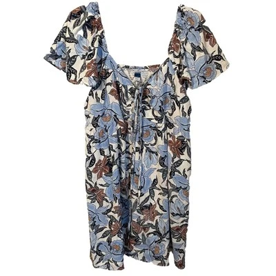 Vestido babydoll Old Navy feminino tamanho L manga flutter mistura de linho azul floral - Imagem 1 de 4