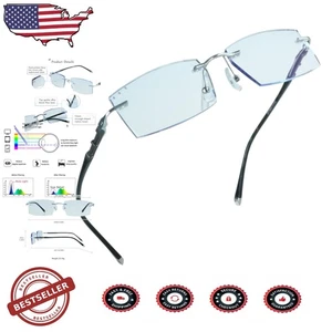 Rimless Blue Light Glasses Men Women, Diamond Accents, Ultra-Lightweight, 0X ... - Picture 1 of 7