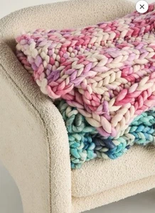 NWT Anthropologie Chunky Knit Wool Throw Blanket Pink/purple/cream - Picture 1 of 2