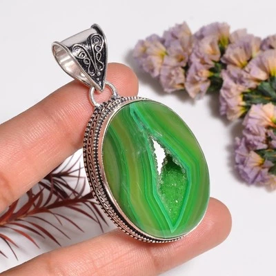 Grün Botswana Achat Druzy Quarz Edelstein Handmade 925 Silber Anhänger 2.1 " Kar - Bild 1 von 4