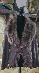 Dolce Cabo Jacket Real Fur Taffeta Trim Collar 2 Snap Brown Tweed Steampunk Sz M - Picture 1 of 16
