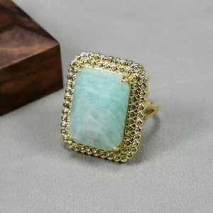 Natural Green Amazonite Rectangle Cz Pave Ring Gold Plated Adjustable Rings - Picture 1 of 10