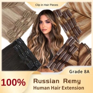 100% Clip In Remy Human Hair Extensions Full Head 8pcs Highlight Ombre Lowlights - Picture 1 of 38