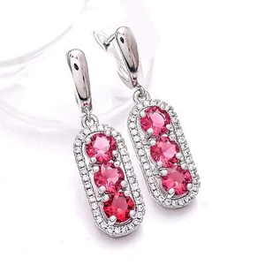 Pink Rubellite Tourmaline & CZ Gemstone 925 Sterling Silver Earring 1.50" E76125 - Picture 1 of 3