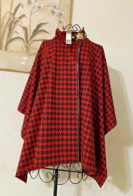 Anne Klein Black Red Houndstooth Lion Head Closure Poncho Cape Jecket Size M-NWT - Image 1 of 4