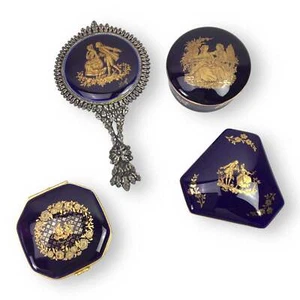 Juego de caja de baratijas y espejos Limoges azul cobalto oro 22K cortejo - Imagen 1 de 17