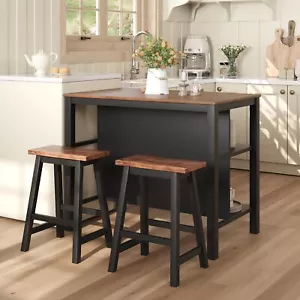 3-Piece Wooden Dining Table Set Kitchen Island W/ Storage 2 Stools Space Saving - Picture 1 of 12