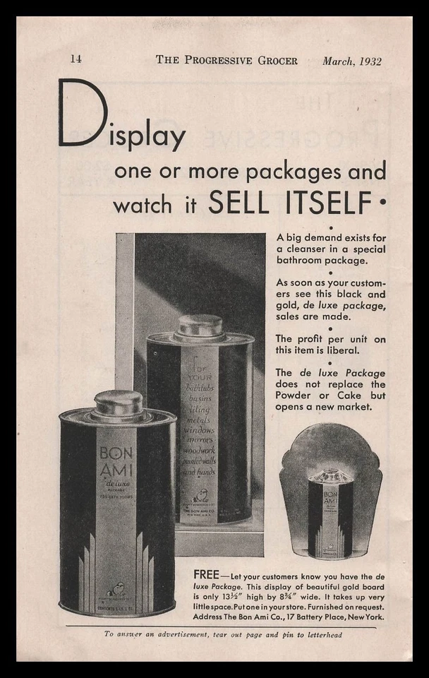 Paquete de lujo Bon Ami 1932 exhibición de tienda de comestibles dorada Art Deco anuncio impreso vintage Foto 1 de 1