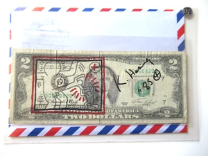 K. HARING: 2 Dollar ORIGINAL SIGNIERT, SKIZZIERT, DATIERT, BEARBEITET, von 1985 - Bild 1 von 6