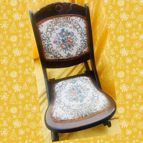 Antique Folding Wooden Rocking Chair, Floral Tapestry Victorian Style Chair Cover