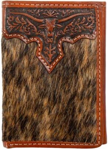 Nocona Western Portafoglio Uomo Trifold Pelle Corno Lungo Capelli di Vitello Marrone N500048402 - Foto 1 di 2