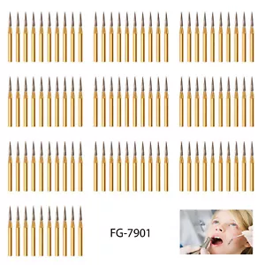 100 Pcs Dental Tungsten Carbide Gold Burs Trimming & Finishing Flame FG7901 - Picture 1 of 14