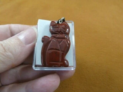 (ann-cat-7) Red rainbow jasper Cat gemstone carving PENDANT necklace Fetish cats - Image 1 of 2