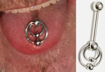 Surgical Steel 14g 5/8" DOUBLE DOOR KNOCKER SLAVE BEAD RINGS Tongue Barbell. - Image 1 of 4