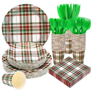 350 Pcs Christmas Party Supplies Plaid Paper Plates and Napkins Cups Red, Gre... - Picture 1 of 7