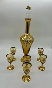Hollywood Regency Venetian Murano Decanter & Liqueur Glass Set Gld Handpainted - Picture 1 of 12