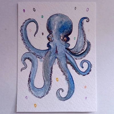 Original ACEO Art Card-Blue Octopus Acrylic Painting Marine Life Sea Life OOAK - Image 1 of 4