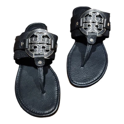 Sandalias chanclas Tory Burch Amanda negras de cuero caído para mujer talla 10 Foto 1 de 4