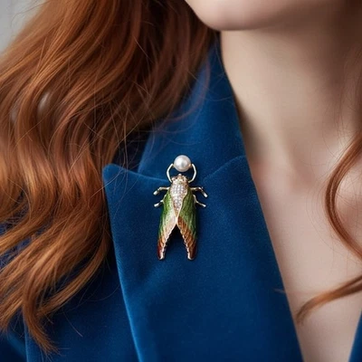 Broche prendedor de perlas cigarra oro circonita cúbica arte de museo alas de escarabajo de colección escarabajo insecto boho Foto 1 de 4