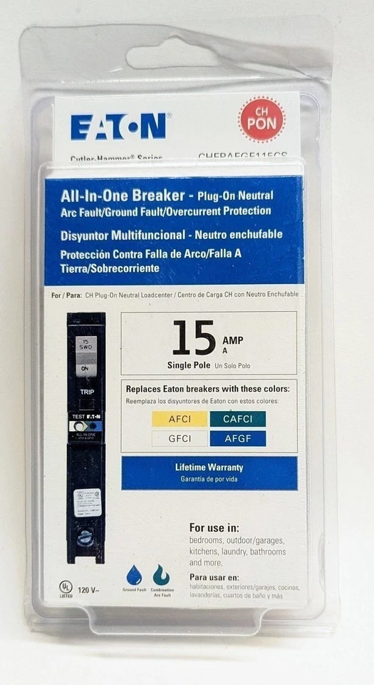 Disyuntor de doble función Eaton CHFPAFGF115CS 15A 1 polo AFCI/GFCI Foto 1 de 1