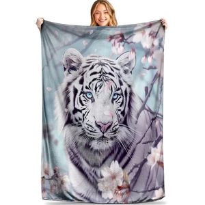 Cherry Blossom White Tiger Throw Blanket - Ultra Soft, Cozy, Lightweight, and... - Foto 1 di 6